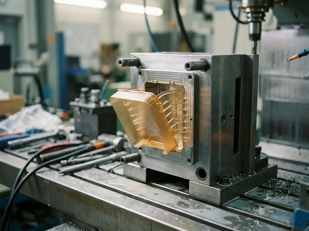 Dunwandige transparante plastic behuizing die uit een gepolijste stalen spuitgietmal komt, met zichtbare wandstructuur in industriële werkplaats.