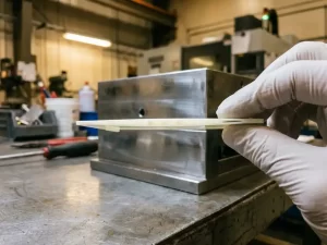 Dunwandige precisie kunststof spuitgietcomponent tussen gehandschoende vingers, met zichtbare wanddikte naast gepolijst stalen matrijsgereedschap.