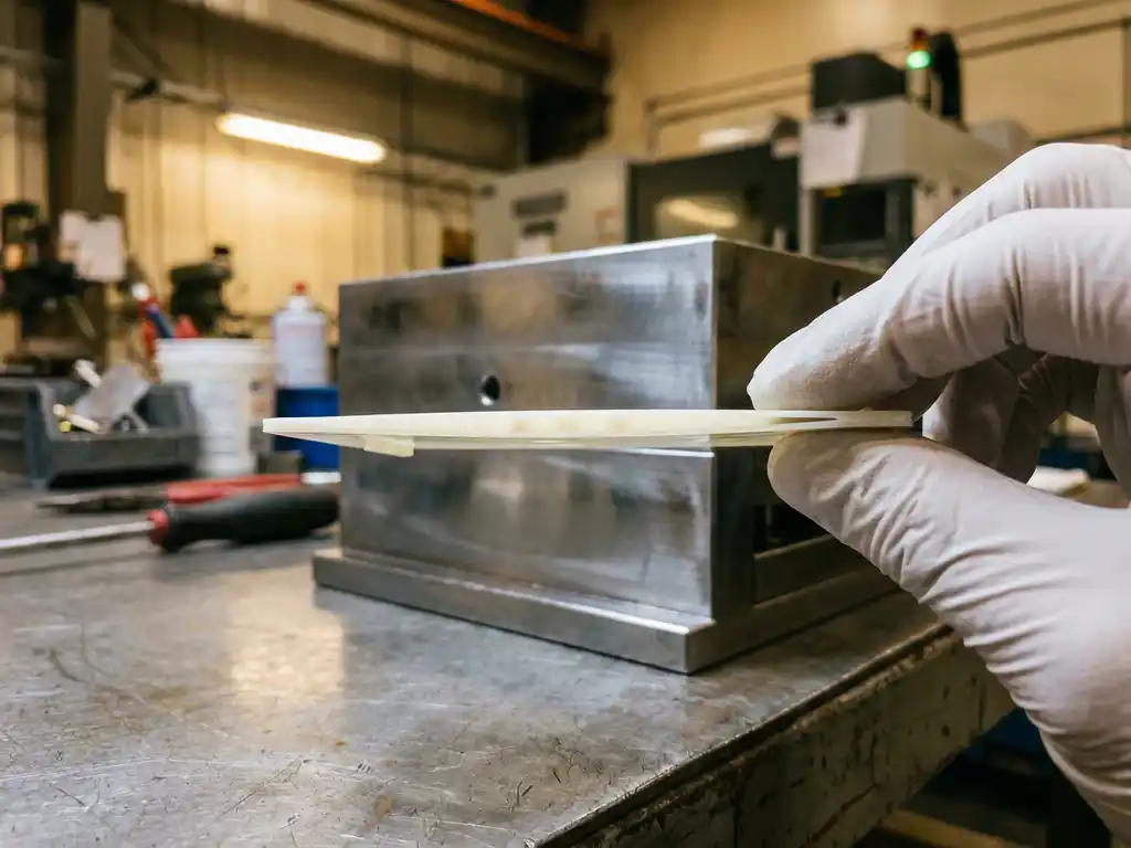 Dunwandige precisie kunststof spuitgietcomponent tussen gehandschoende vingers, met zichtbare wanddikte naast gepolijst stalen matrijsgereedschap.