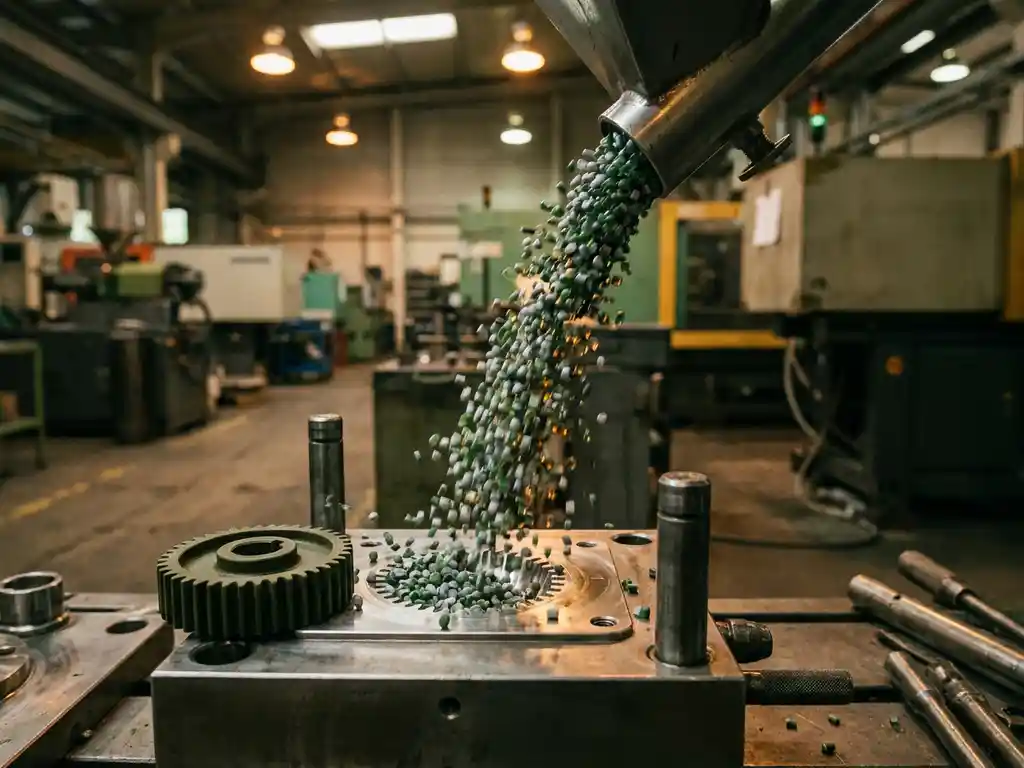 Gerecyclede plastic korrels stromen in een stalen spuitgietmal, met een vers gevormd kunststof onderdeel ernaast op de werkvloer.