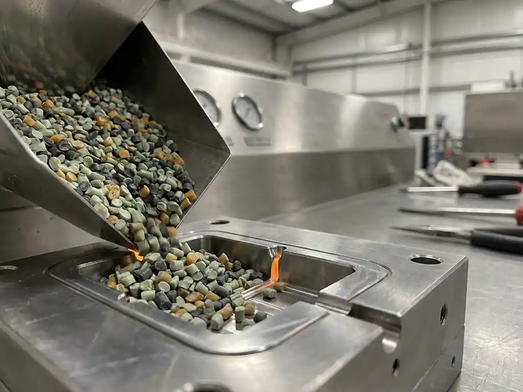 Gerecyclede plastic pellets in groen en grijs tinten die in een stalen injectiegietmal stromen, gesmolten materiaal zichtbaar bij de poort.