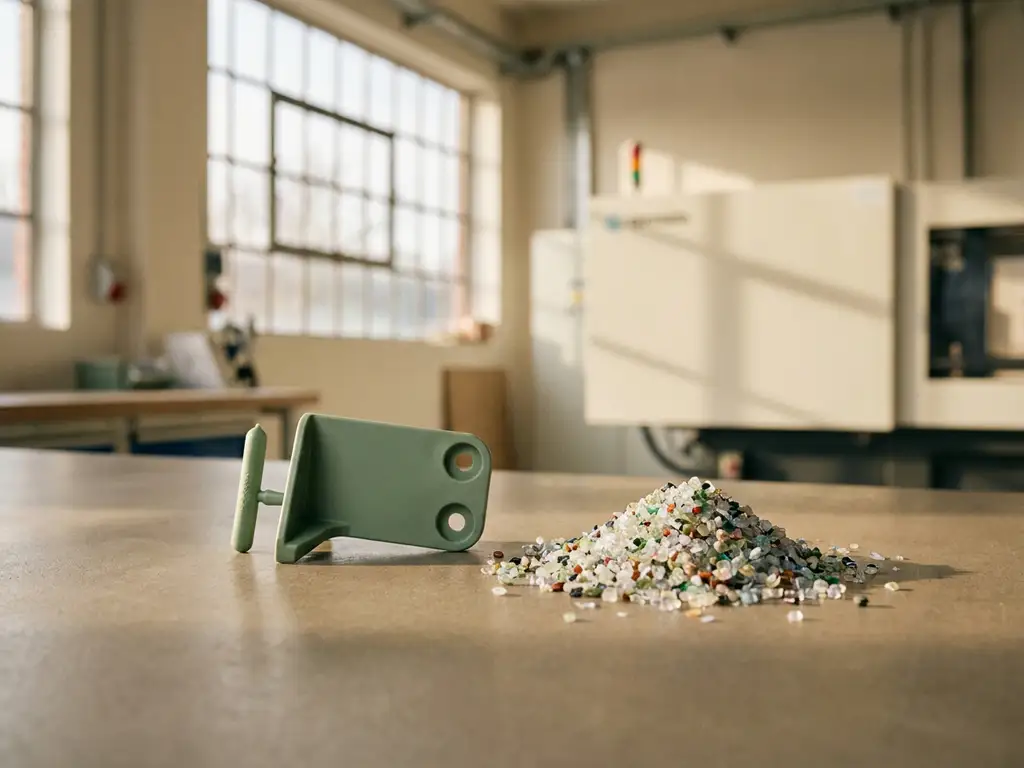 Groen spuitgegoten plastic onderdeel naast gerecyclede plastic korrels op een fabrieksoppervlak, zachte natuurlijke belichting.