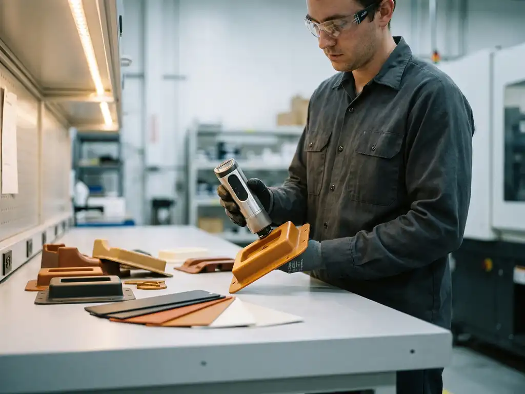Kwaliteitstechnicus meet kleurnauwkeurigheid van spuitgegoten plastic onderdeel met colorimeter, omringd door kleurstalen op werkbank.
