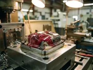 Veelkleurig decoratief kunststof onderdeel op gepolijst stalen spuitgietgereedschap, met levendige wervelingen van donkerrood, gebroken wit en antracietgrijs.