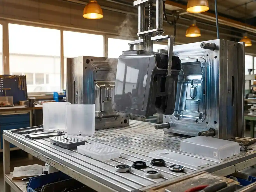 Koffiezetapparaat behuizing uit stalen mal gehaald, omringd door plastic onderdelen zoals lekbakken en knoppanelen op industriële werkbank.