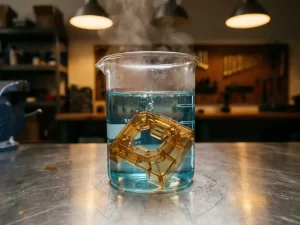 Precisie spuitgegoten plastic onderdeel ondergedompeld in stomend heet water in glazen bekerglas op roestvrij stalen werkoppervlak.
