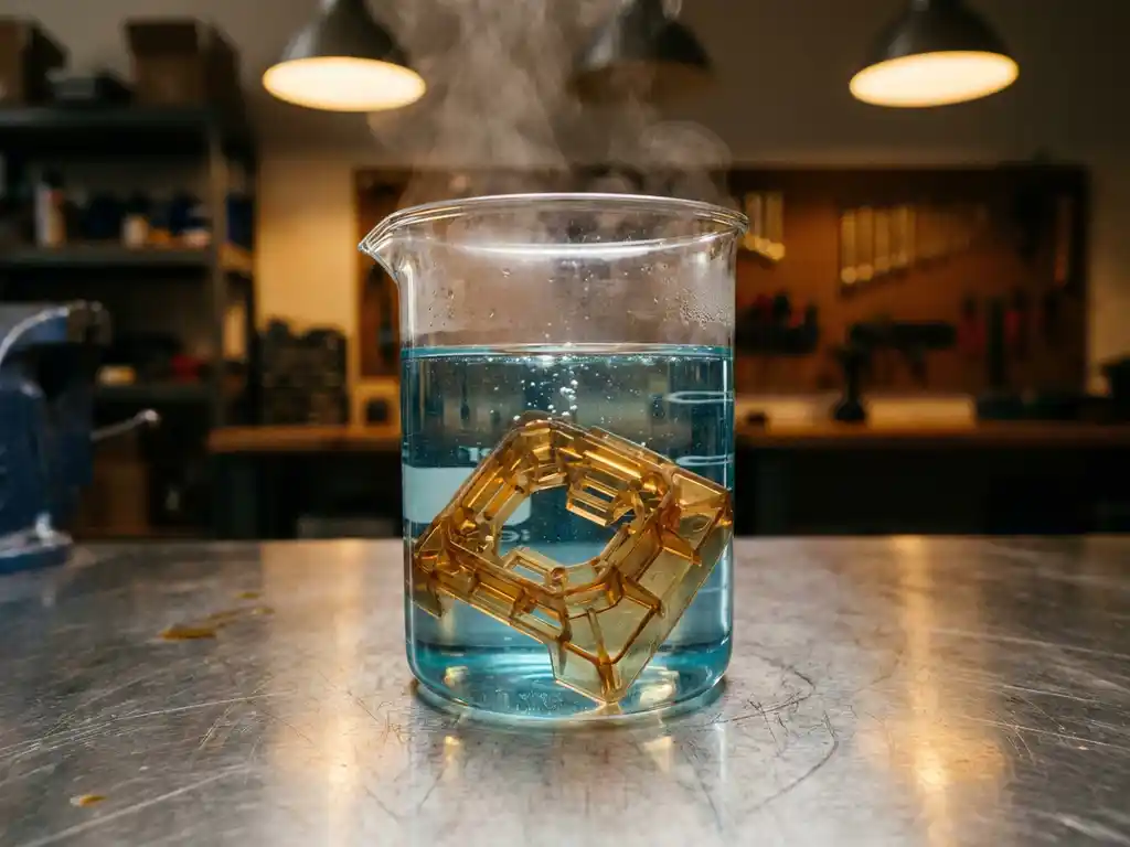 Precisie spuitgegoten plastic onderdeel ondergedompeld in stomend heet water in glazen bekerglas op roestvrij stalen werkoppervlak.