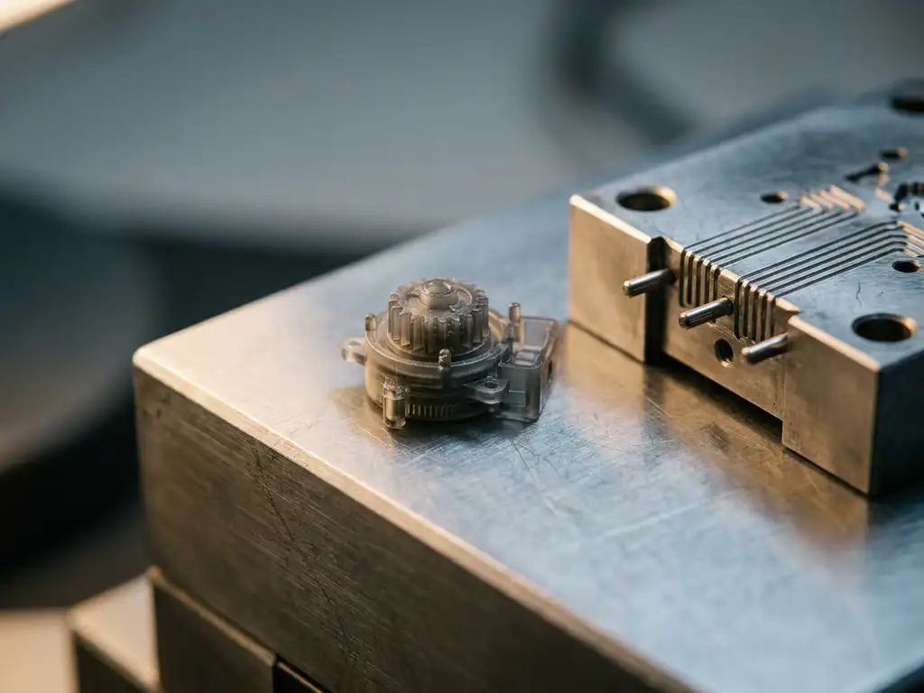 Miniatuur kunststof onderdeel met microdetails op gepolijst staal naast een precisie-injectievorm, verlicht met zijdelings industrieel licht.