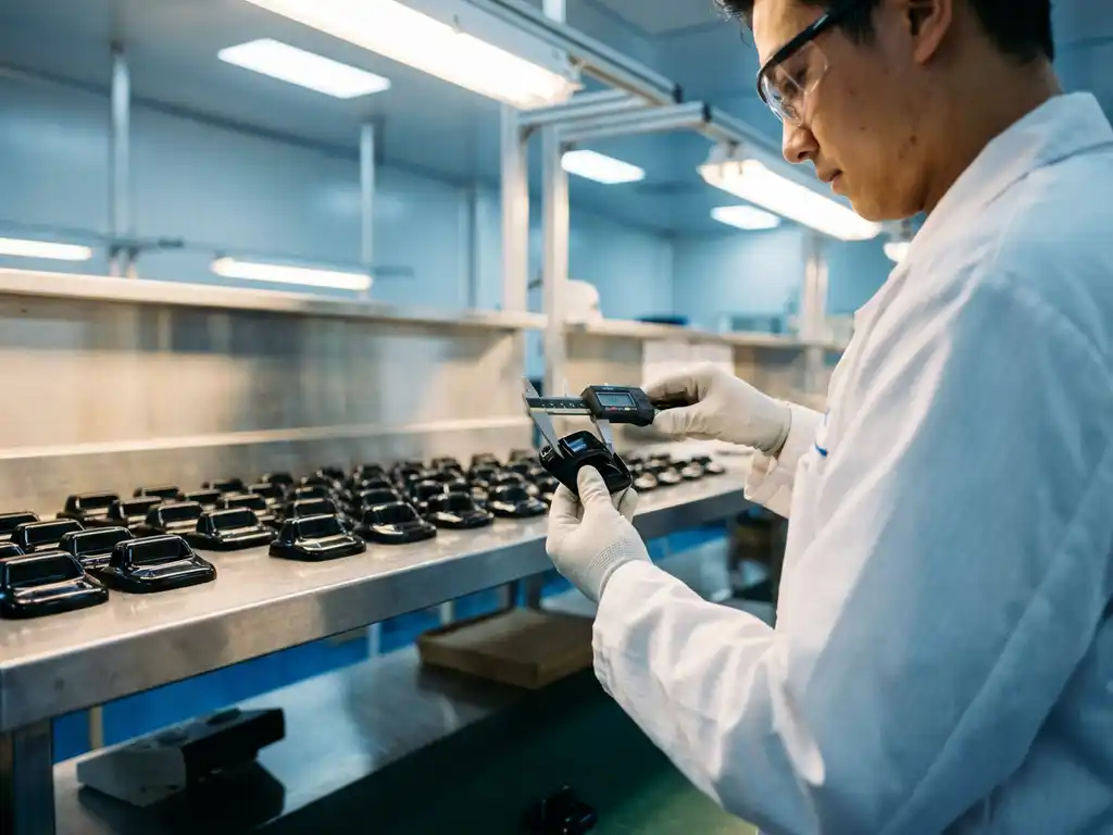 Kwaliteitscontroletechnicus meet spuitgegoten plastic onderdeel met schuifmaat in industriële productiefaciliteit.