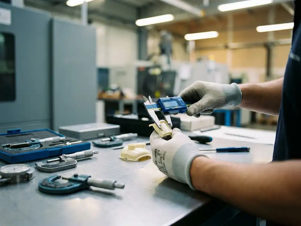Technicus meet glanzend spuitgegoten plastic onderdeel met digitale schuifmaat op industriële werkbank met precisiemeters.