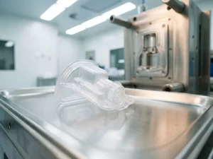 Medisch kunststof onderdeel geproduceerd via spuitgieten, liggend op roestvrijstalen oppervlak in cleanroom met spuitgietmal op achtergrond.