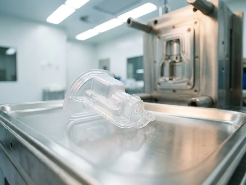 Medisch kunststof onderdeel geproduceerd via spuitgieten, liggend op roestvrijstalen oppervlak in cleanroom met spuitgietmal op achtergrond.