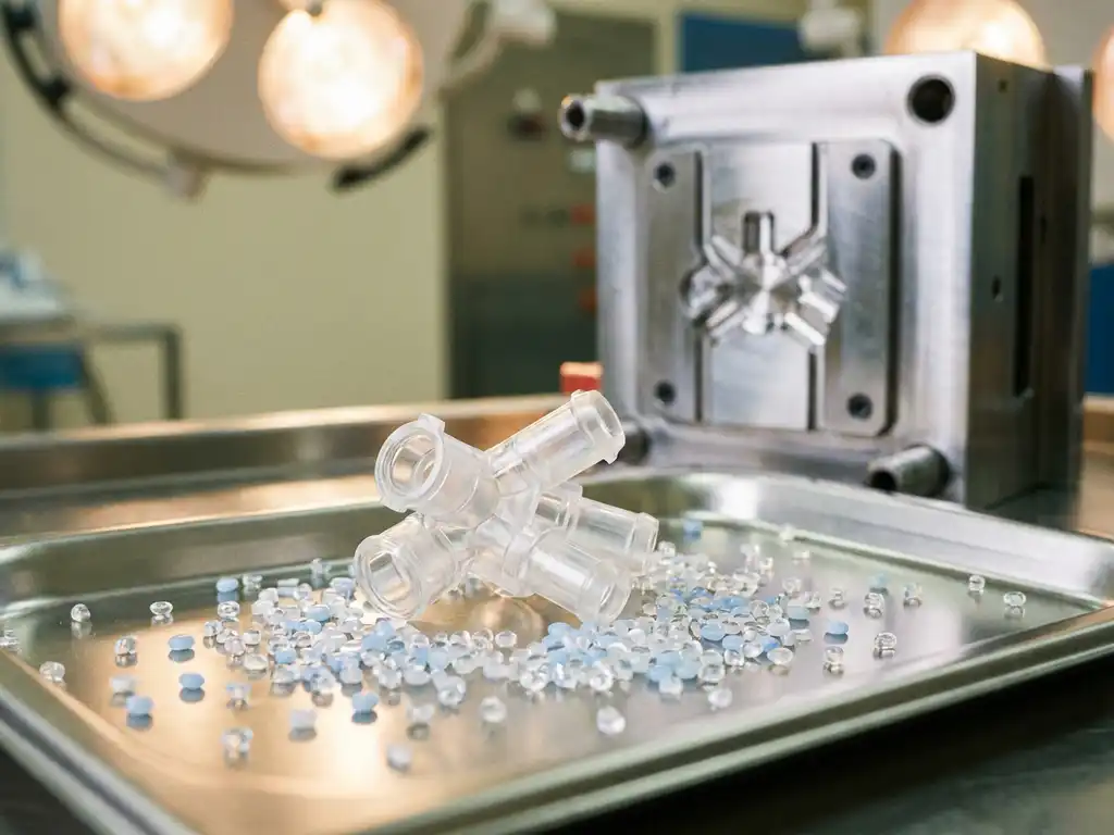 Medisch plastic injectiegegoten component op roestvrijstalen ondergrond, omringd door biocompatibele harskorrels in wit en lichtblauw.