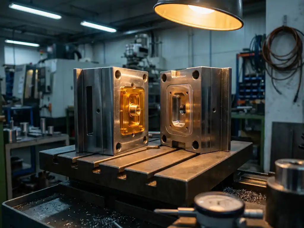 Opengeklapte metalen gietmal op precisiedraaibank met ingebed schroefdraadinsert in de kunststof holte, scherpe schaduwen op gepolijst staal.