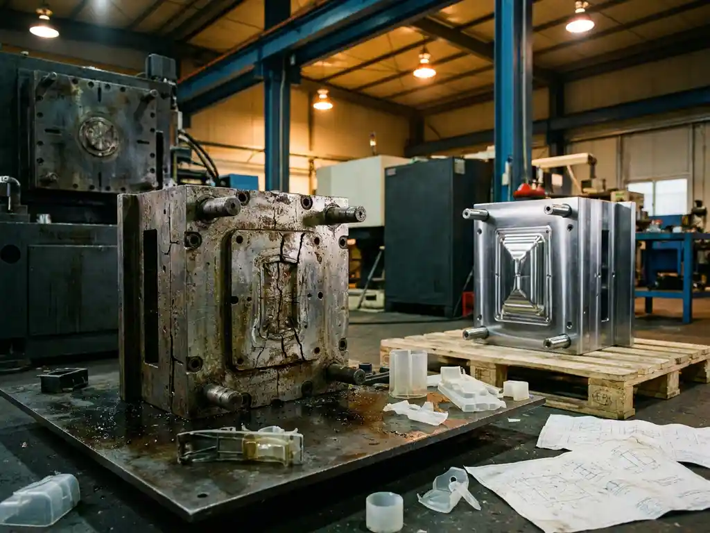 Versleten gebarsten spuitgietmal naast een nieuwe mal op werkplaatsvloer, omringd door testonderdelen en technische tekeningen.