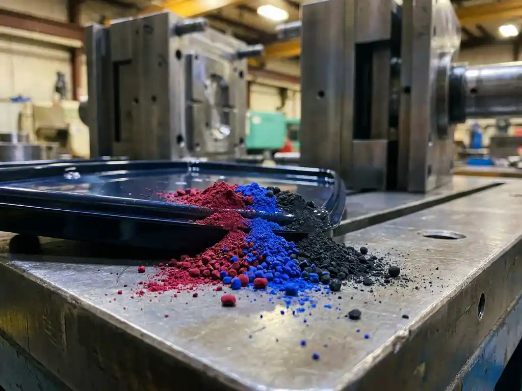Levendige pigmentkorrels in diepood, elektrisch blauw en zwart naast een glanzend spuitgegoten plastic onderdeel op stalen fabrieksondergrond.