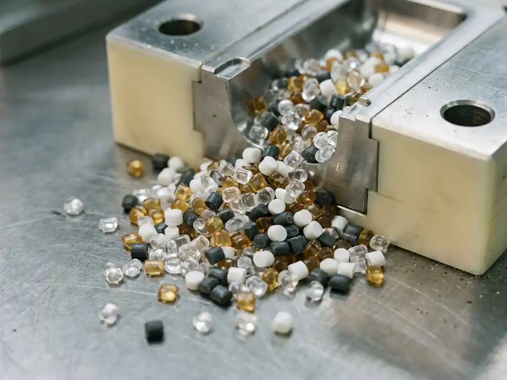 Kleurrijke kunststof pellets in transparant, mat wit en antraciet die uit een stalen matrijsholte vallen op een industrieel staaloppervlak.