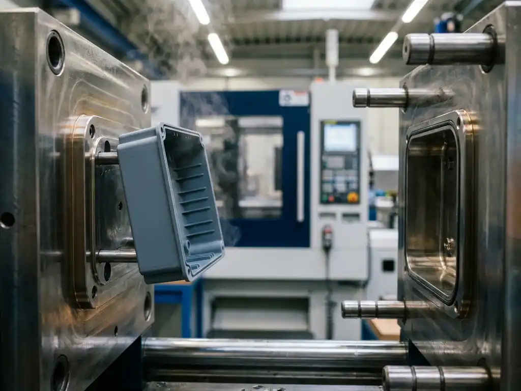 Spuitgegoten elektrische behuizing die uit een stalen mal komt, met ribstructuren en matte grijze afwerking, industriële werkplaats op de achtergrond.