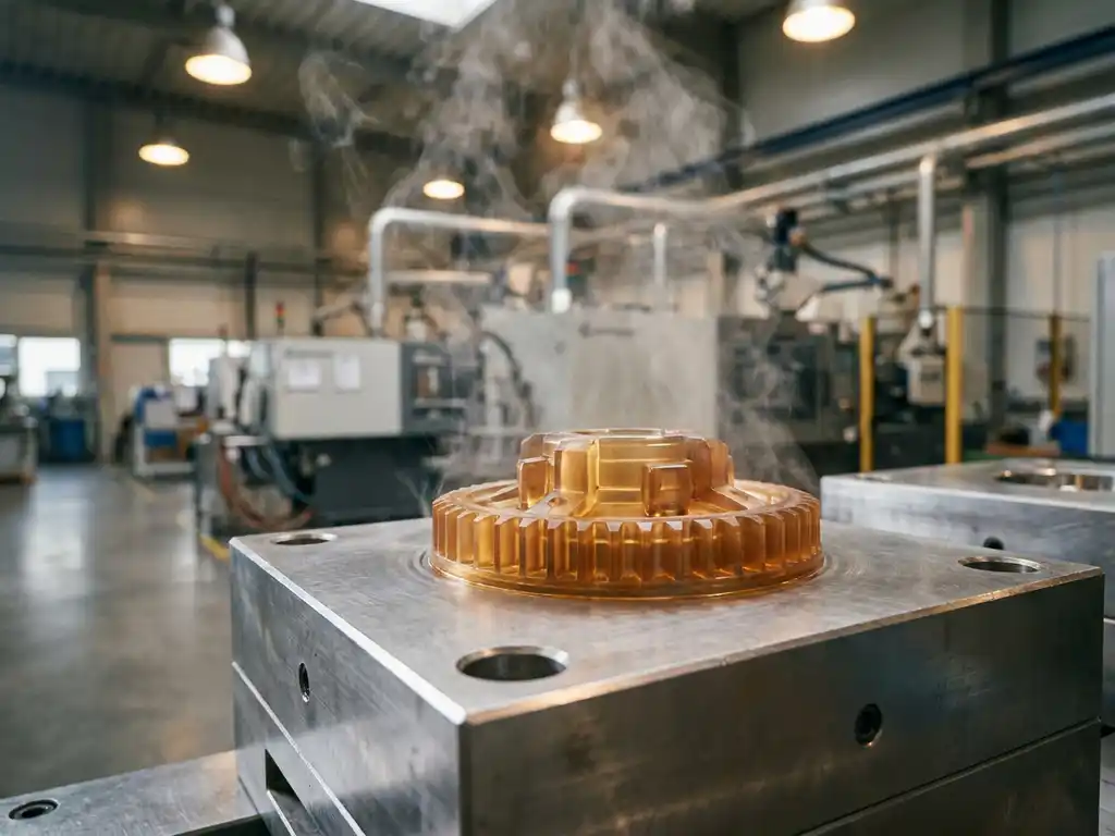 Warmtebestendig kunststof onderdeel op stalen matrijs, omgeven door koelstoom in een industriële productiefaciliteit.