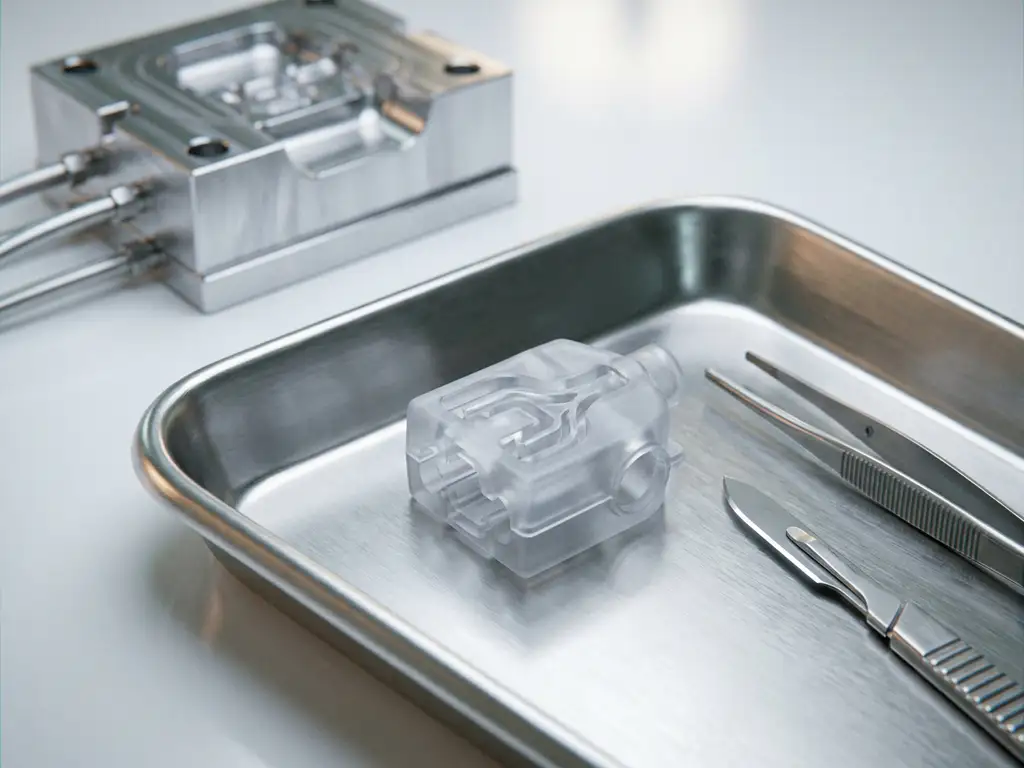 Translucent plastic medisch component in roestvrijstalen lade naast chirurgische instrumenten, met injectiematrijs op de achtergrond.