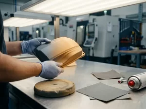 Handschoenen houden een vers spuitgegoten plastic onderdeel boven een werkbank met polijstpad, schuurpapier en spuitmond in moderne fabriek.