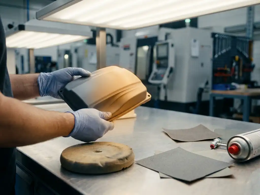 Handschoenen houden een vers spuitgegoten plastic onderdeel boven een werkbank met polijstpad, schuurpapier en spuitmond in moderne fabriek.