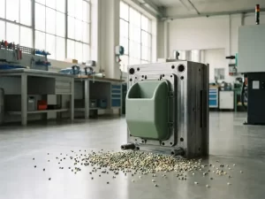 Versgeperst kunststof onderdeel afkoelend op stalen matrijs, omringd door gerecyclede plastic pellets in groen en crème tinten.