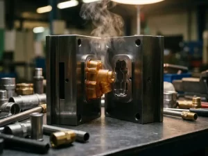 Vers spuitgegoten kunststof connector die uit een stalen matrijs komt, met opstijgende stoom op een industriële werkbank met fittingen.