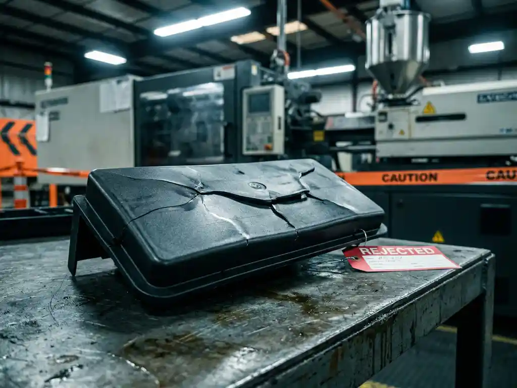 Vervormd spuitgegoten plastic onderdeel met oppervlaktescheuren en afgekeurde kwaliteitscontrolelabel op stalen werkbank.