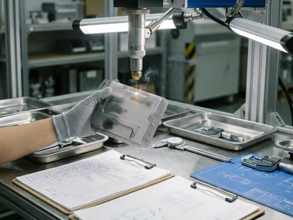 Lasergraveermachine etst serienummer in spuitgegoten plastic onderdeel onder inspectielamp, meetinstrumenten op roestvrijstalen werkbank.