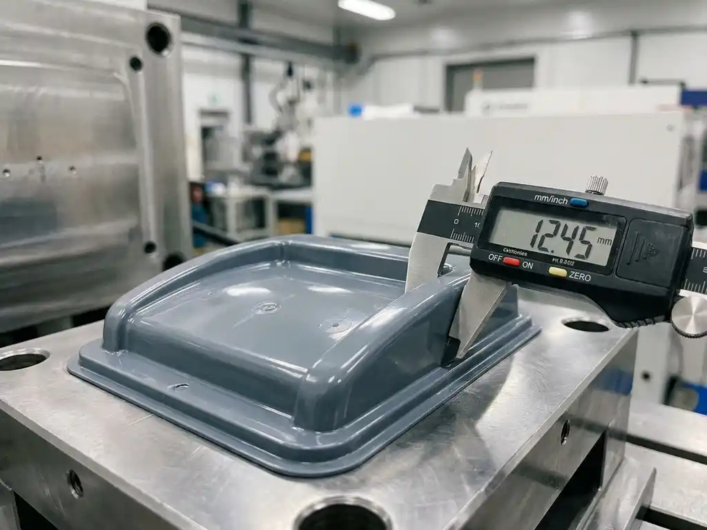 Precisie kunststof component op gepolijste stalen matrijs, gemeten met digitale schuifmaat, met zichtbare uitwerperpensporen op het oppervlak.