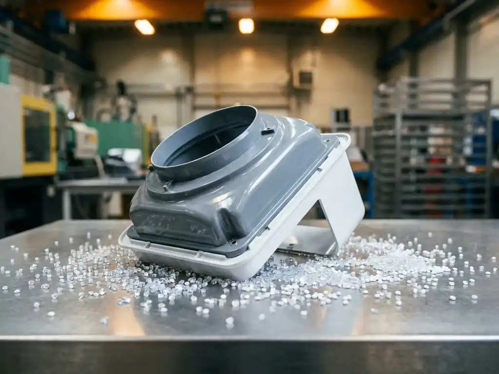 Spuitgegoten plastic ventilatiehuis naast verspreide polymeerkorrels op industrieel stalen oppervlak, verlicht door warm fabrieksatmosferisch licht.