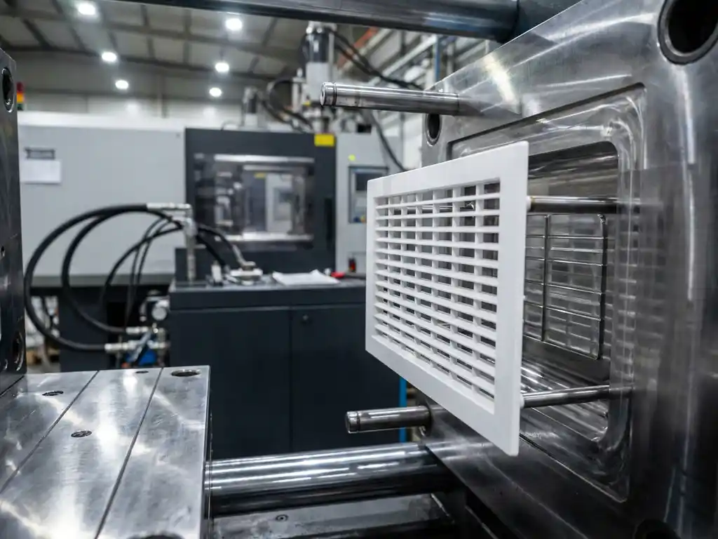 Wit ABS ventilatierooster dat uit een gepolijste stalen mal wordt geëjecteerd in een kunststof spuitgietfabriek.