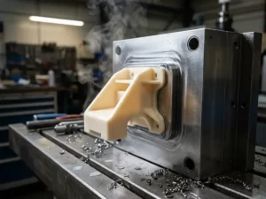 Vers spuitgegoten voedselveilig plastic onderdeel dat uit een stalen matrijs komt, met lichte stoom en metaalresten op werkoppervlak.