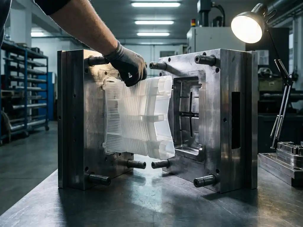 Lichtgewicht kunststof constructieonderdeel met ribben en holle geometrie dat uit een stalen mal wordt gehaald in een industriële werkplaats.