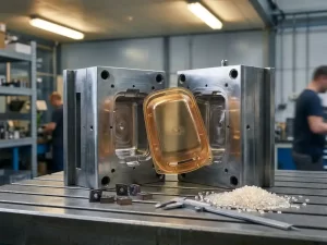 Glanzend spuitgegoten plastic onderdeel uit een stalen mal op een precisietafel, omringd door schuifmaten, gereedschapsinzetstukken en plastic korrels.