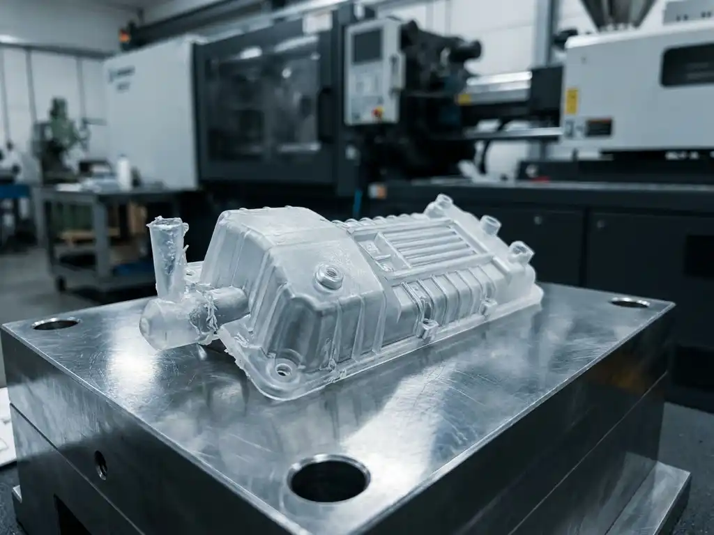 Plastic spuitgietprototype op gepolijste stalen matrijs met zichtbare aanspuitpunten en geometrische details in industriële werkplaats.