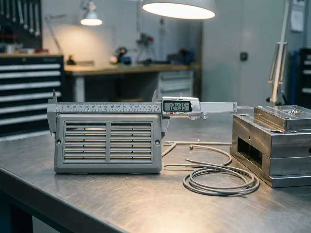 Versgemold kunststof ventilationderdeel gemeten met digitale schuifmaat op stalen werkbank, met spuitgietmal en sprues op de achtergrond.