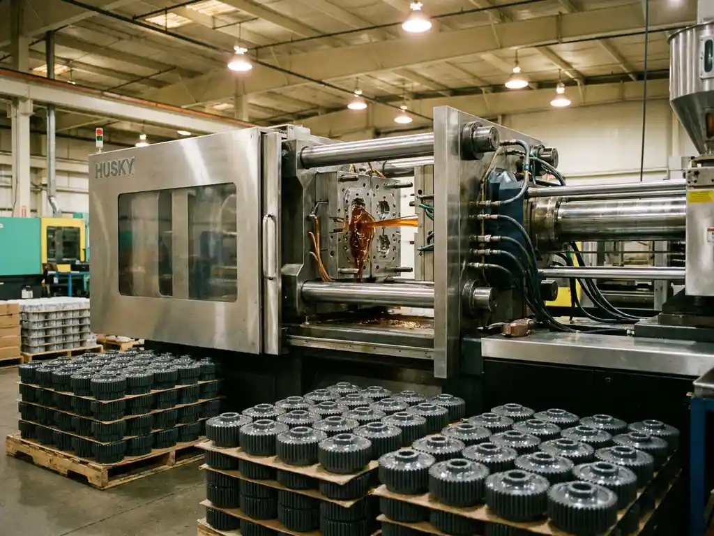 Spuitgietmachine vult stalen matrijs met vloeibaar plastic, honderden identieke kunststof onderdelen op fabrieksloer.