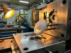 Transparant plastic onderdeel dat uit een geopende stalen spuitgietmal wordt uitgeworpen, met scherpe schaduwen en industriële achtergrond.