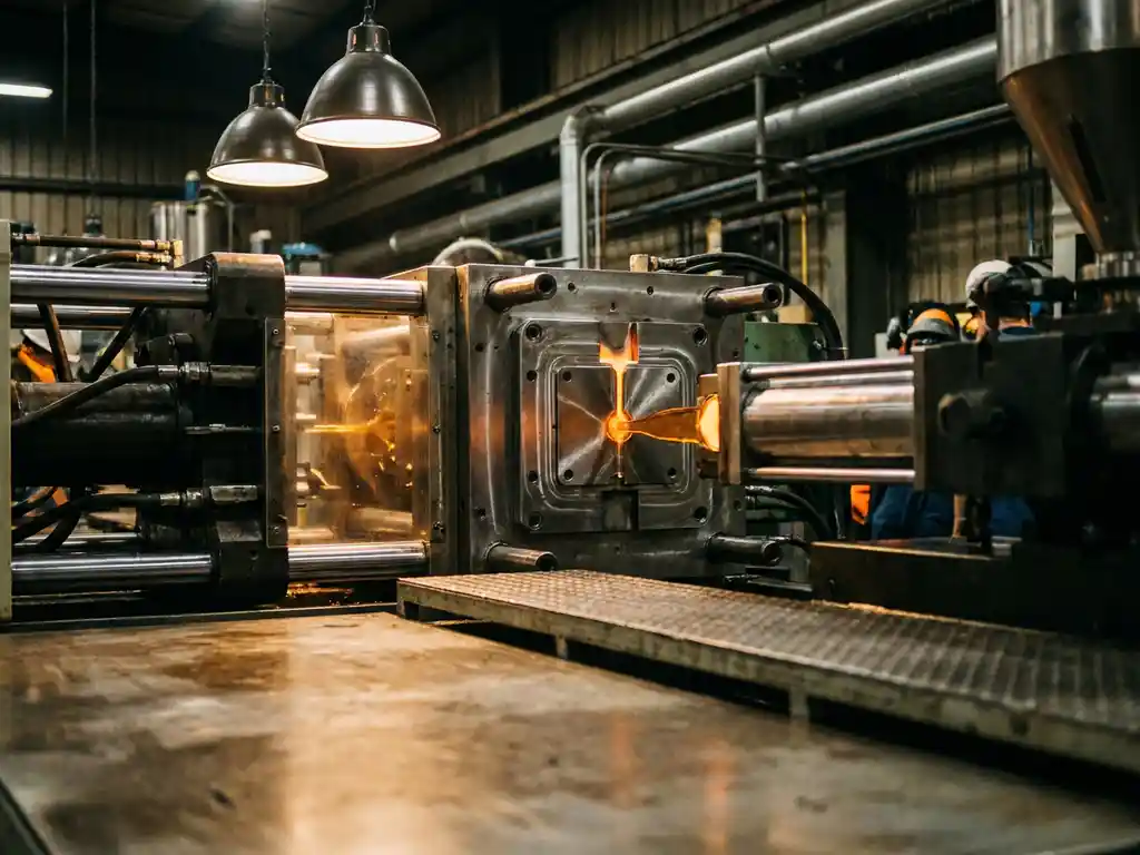 Spuitgietmachine in werking met gloeiende matrijs en vloeiend plastic op industriële fabriekshal.