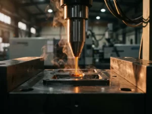 Spuitgietmachinemond tegen stalen matrijs gedrukt met vloeiend gesmolten plastic en warmtewas zichtbaar in industriële fabrieksomgeving.