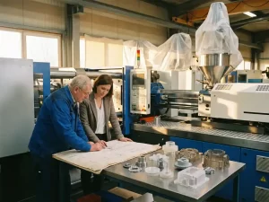 Gebrema engineer en klant bestuderen technische tekening naast een spuitgietmachine, met plastic prototypes op het werkoppervlak.