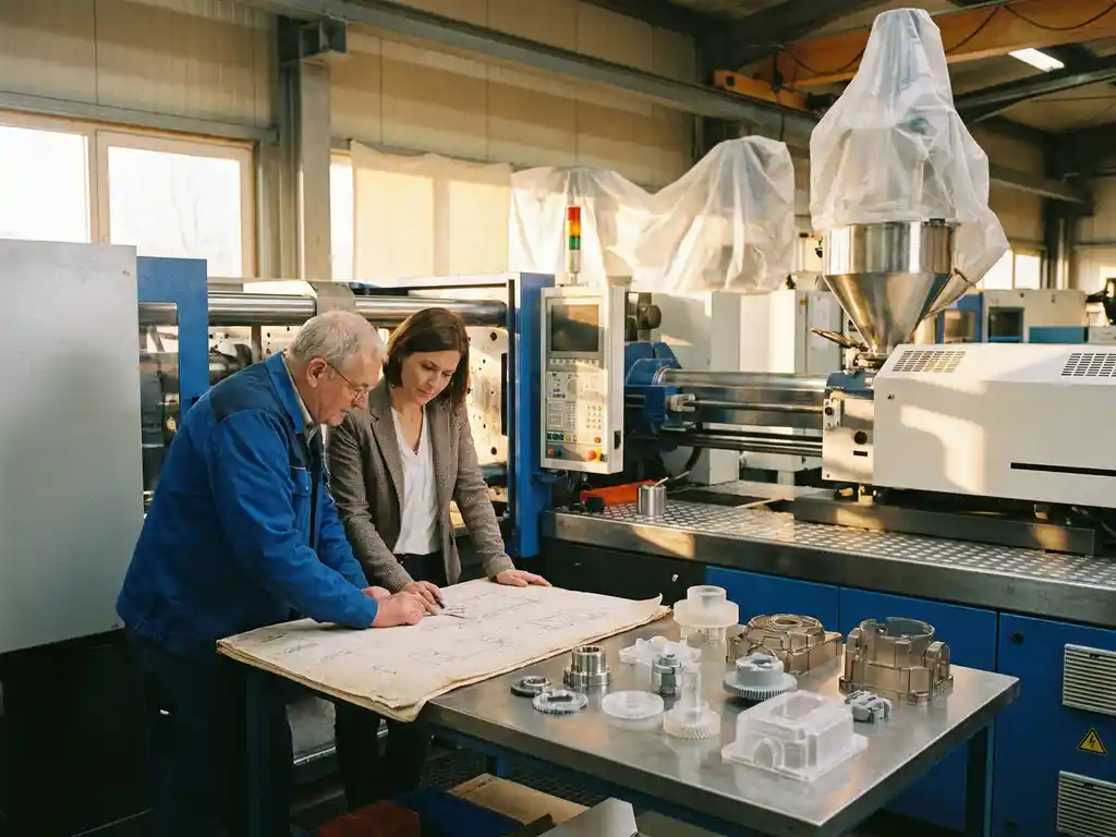 Gebrema engineer en klant bestuderen technische tekening naast een spuitgietmachine, met plastic prototypes op het werkoppervlak.