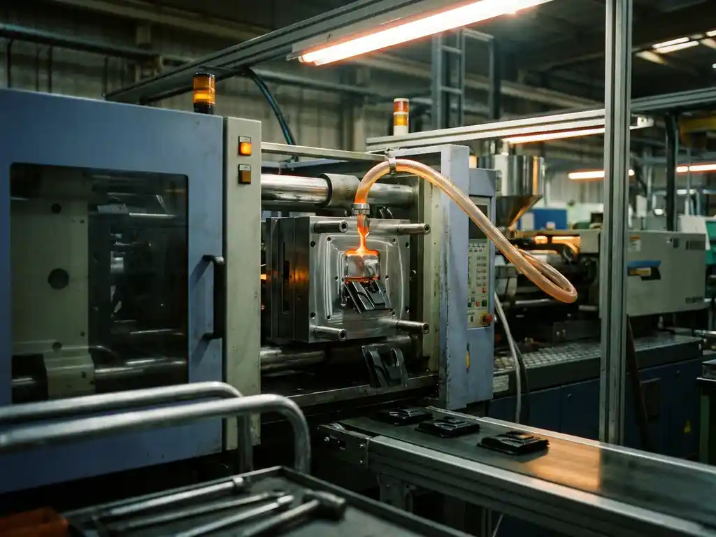 Precisie spuitgietmachine in werking, gesmolten plastic vult stalen matrijs terwijl identieke onderdelen op transportband verschijnen.