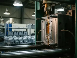 Industriële spuitgietmachine in werking met vloeibaar plastic dat in stalen matrijs stroomt, omringd door rijen afgewerkte plastic onderdelen.