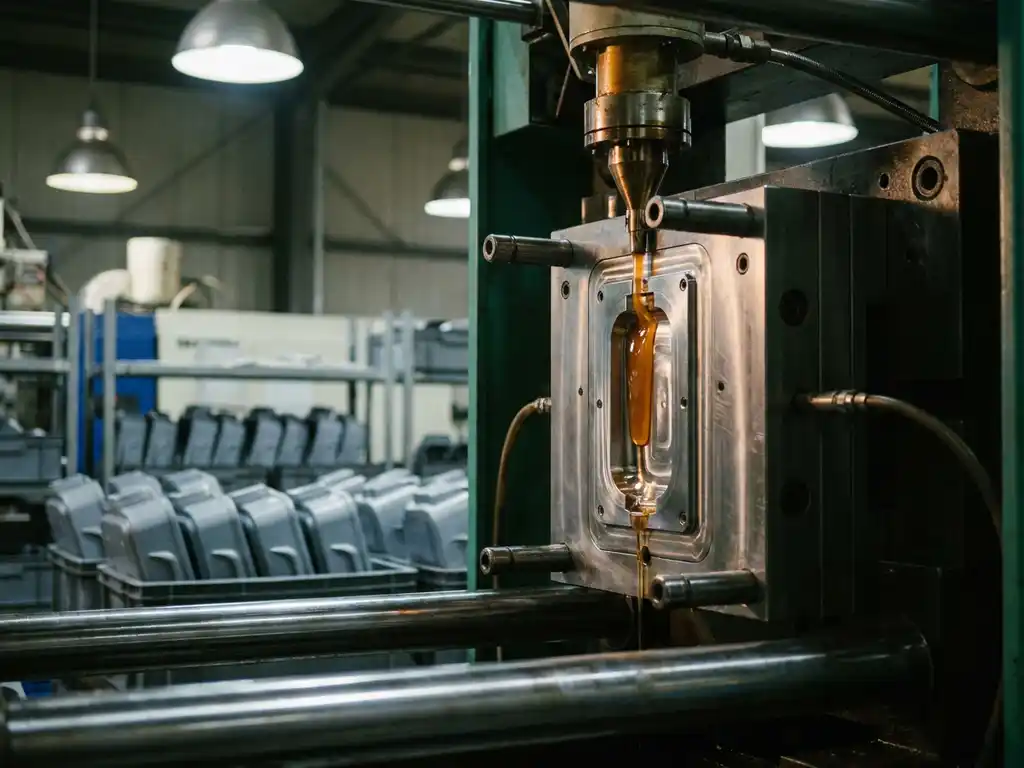 Industriële spuitgietmachine in werking met vloeibaar plastic dat in stalen matrijs stroomt, omringd door rijen afgewerkte plastic onderdelen.