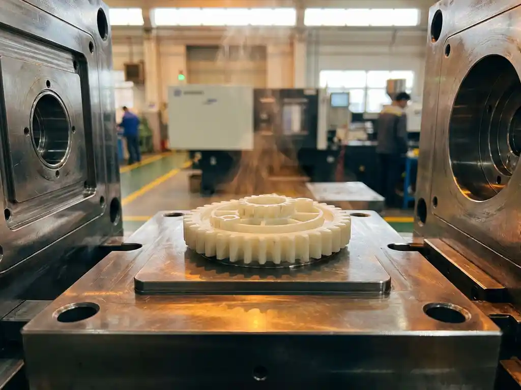 Wit kunststof onderdeel op geopende stalen mal van industriële spuitgietmachine, verlicht door warm fabriekslicht.