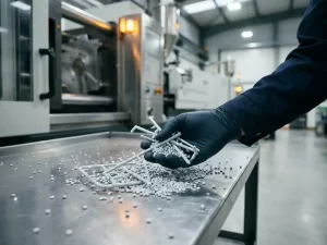 Gehandschoende hand verzamelt grijze plastic sprue runners en regrind korrels naast een injectiespuitmachine in een industriële werkplaats.