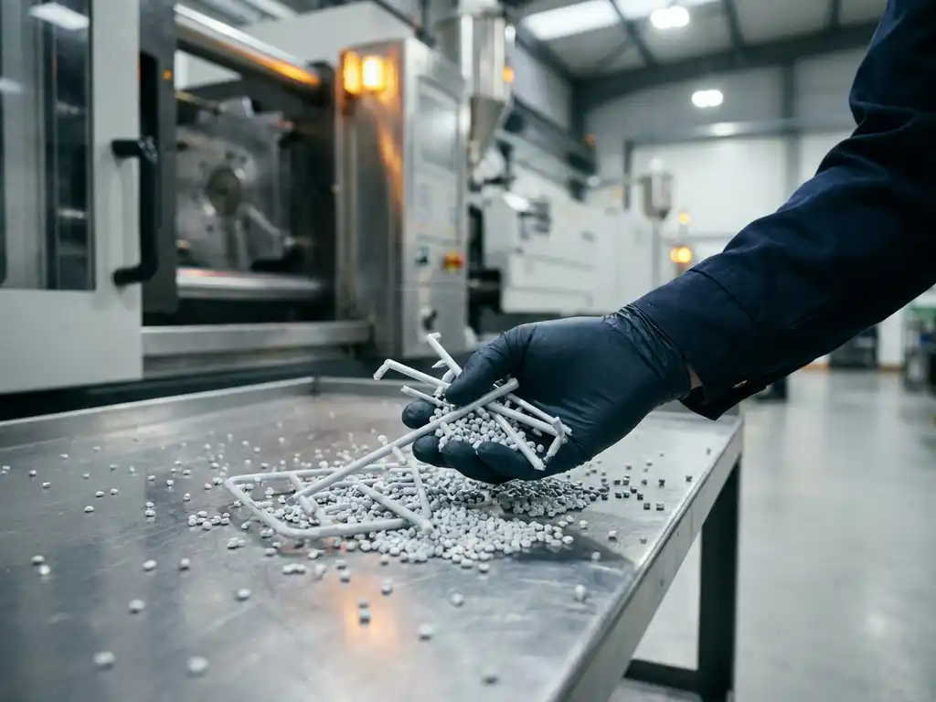 Gehandschoende hand verzamelt grijze plastic sprue runners en regrind korrels naast een injectiespuitmachine in een industriële werkplaats.